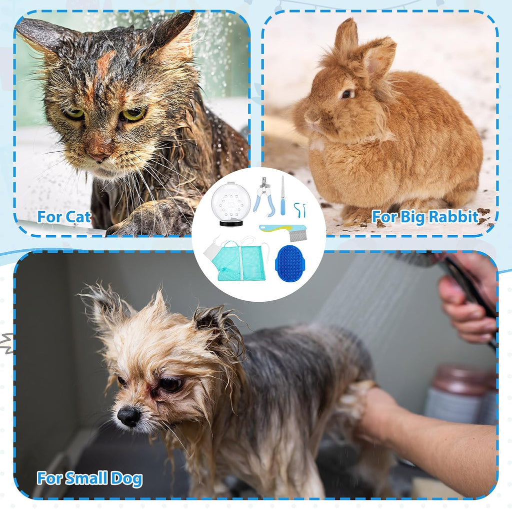 8 Pcs Cat Muzzle Set with Adjustable Cat Bathing Bag, Breathable Muzzle Pet for Shower Grooming Brush Tick Remover Tool Nail Clipper Nail File for Dog, Bunny Cleaning Trimming(M Size,Blue)