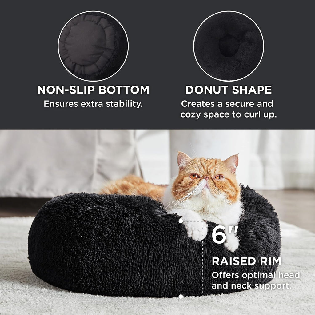 Bedsure Calming Cat Beds Donut Round Washable Kitten Bed,20 inches Black