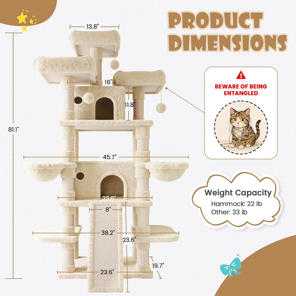 SHA CERLIN 81 Inches Extra Large Cat Tree for Indoor Adult Cats/XXL Big Cat Tower with Condo/Cozy Perches/Sisal Scratching Posts and Hammocks/Activity Center/F80/Heavy Duty/Beige