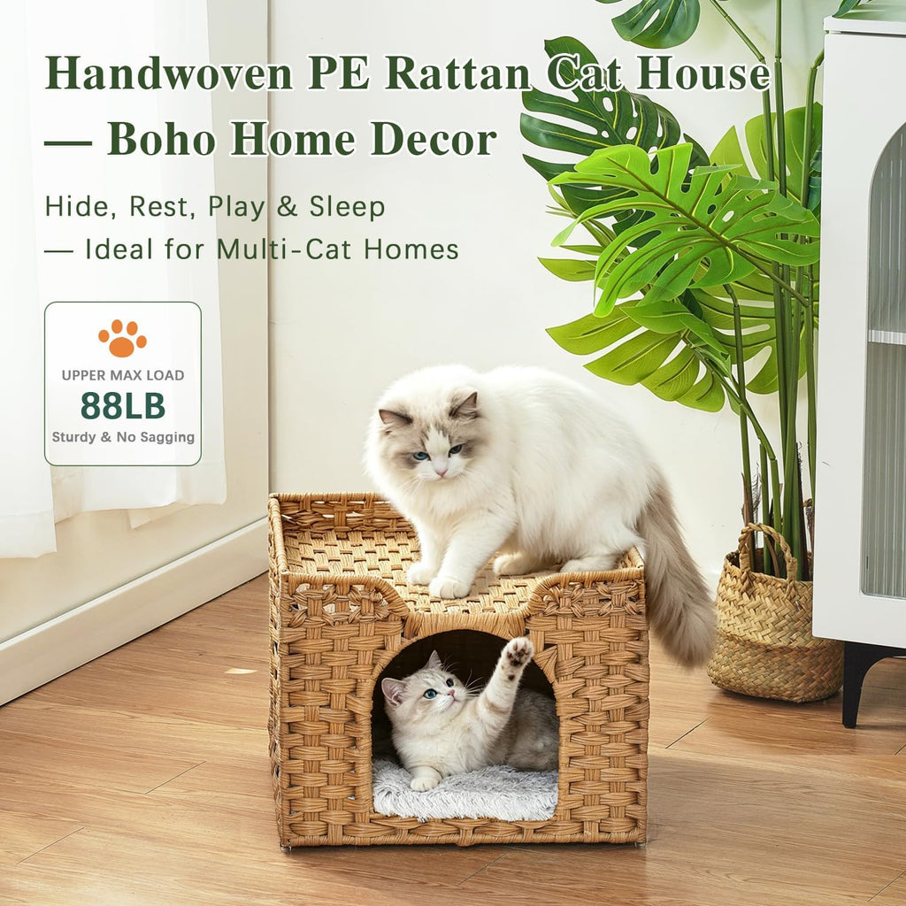 SETVSON Cat Beds Indoor Kitten House, PE Rattan Cat Cave, Natural