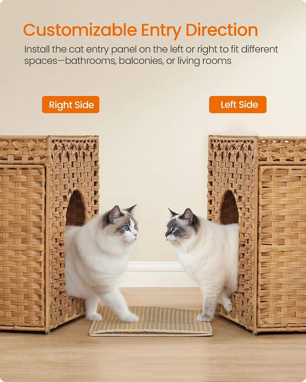 Feandrea Cat Litter Box Enclosure, Handwoven Rattan End Table, Extra Mat