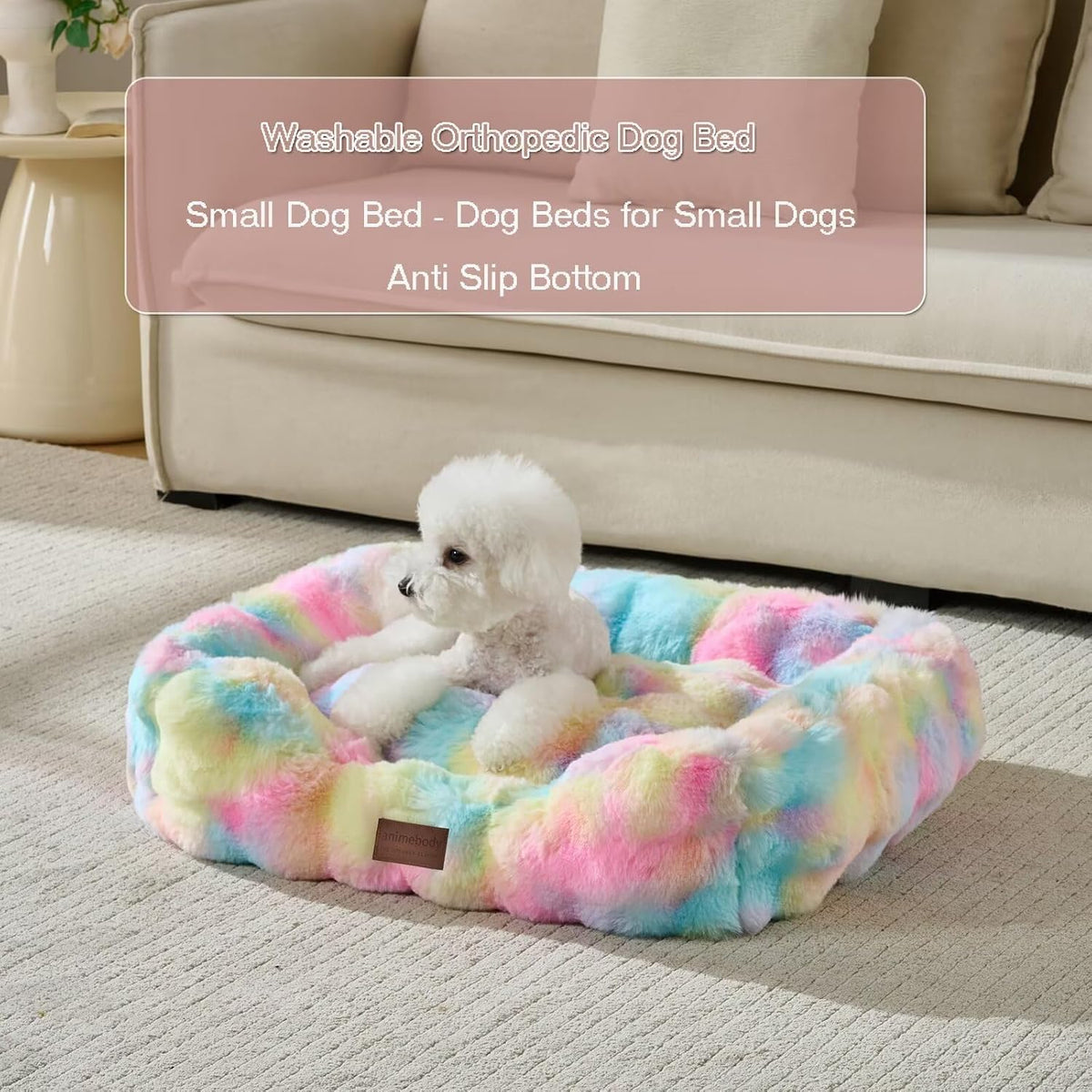 Washable Orthopedic Dog Bed,Rectangle Fleece & Luxury Pet Bed with Removable Zipper Cover & Anti-Slip Bottom,Suitable for Medium Large Dogs,30x25x7.5inches,Rainbow
