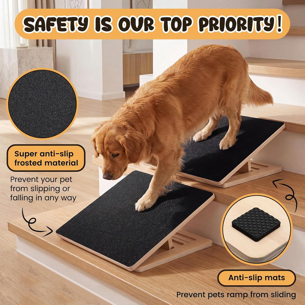 Yalikop 3 Pack Adjustable Dog Ramp for Stairs Extra Wide Wooden High Traction Walking Surface Nonslip Stairs for Small to Large Dog Cat Foldable Pet Ramps for Injured Older Pets (No Installation)