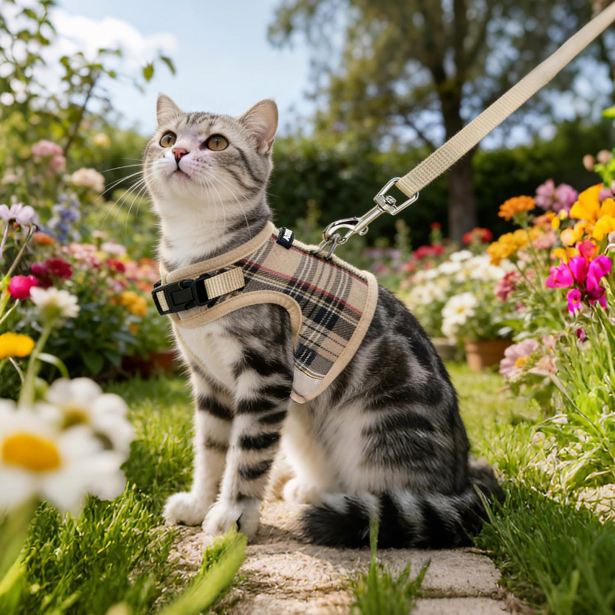 AIITLE Plaid Adjustable Cat Harness and Leash Set Escape Proof, Beige L