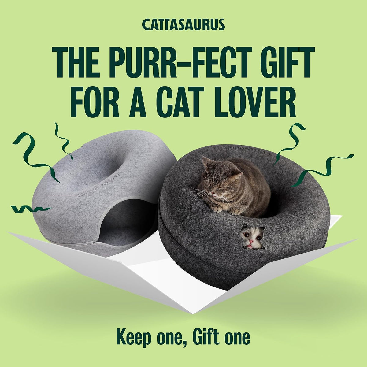 Cattasaurus Peekaboo Cat Cave Donut for Multiple & Large Cats up to 30-45 lbs, 3-in-1 Self Warming Cat Bed, Tunnel & Scratcher for Indoor Cats, Washable & Detachable (Light Gray + Dark Gray, Large)