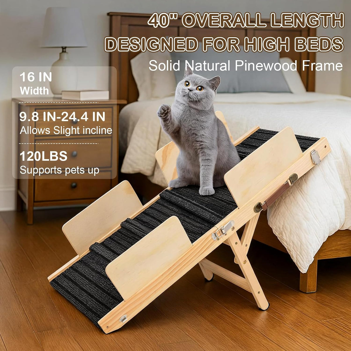Dog Ramp for Bed, 40" Long Wooden Foldable Dog Ramp, 5 Adjustable Heights from 9.8" to 24.4", Portable Stable Pet Steps with Non-Slip Pad, Pet Ramps Use for Sofa Couch Stairs
