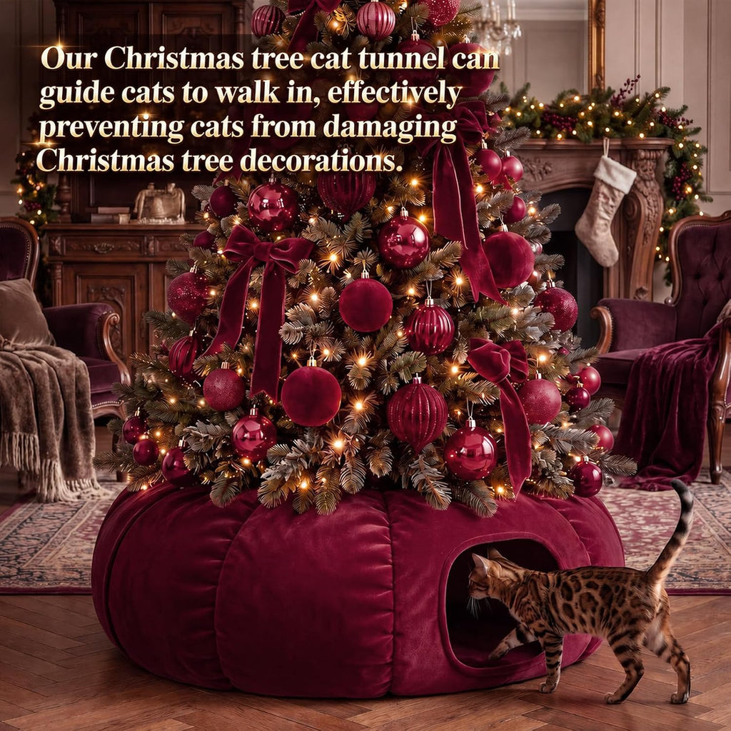 Christmas Tree Cat Tunnel 36 in Donut Bed, Burgundy, Velvet, Fluffy