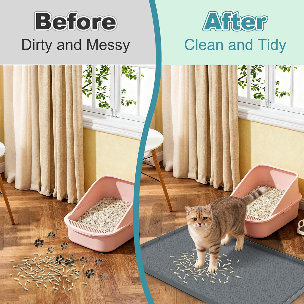 MECHEER Cat Litter Mat Litter Trapping Mat, Silicone Cat Litter Box Mats for Floor, Non-Slip Litterbox Mat with Raised Edge, Easy Clean Pet Feeding Mat for Indoor Cats 34" X 22" Gray