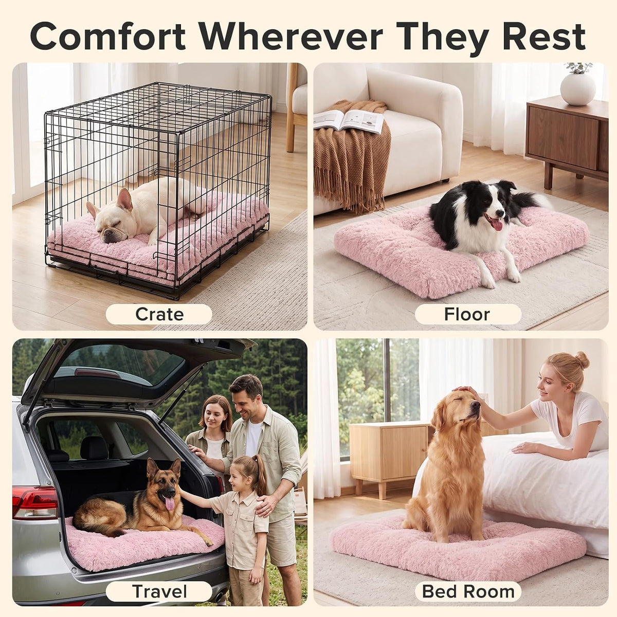 JOEJOY Dog Bed Crate Pad, Deluxe Plush Washable Dog Beds Fulffy Soft Kennel Pad Anti-Slip Pet Sleeping Mat for Medium Small Dogs, 29" x 21", Pink