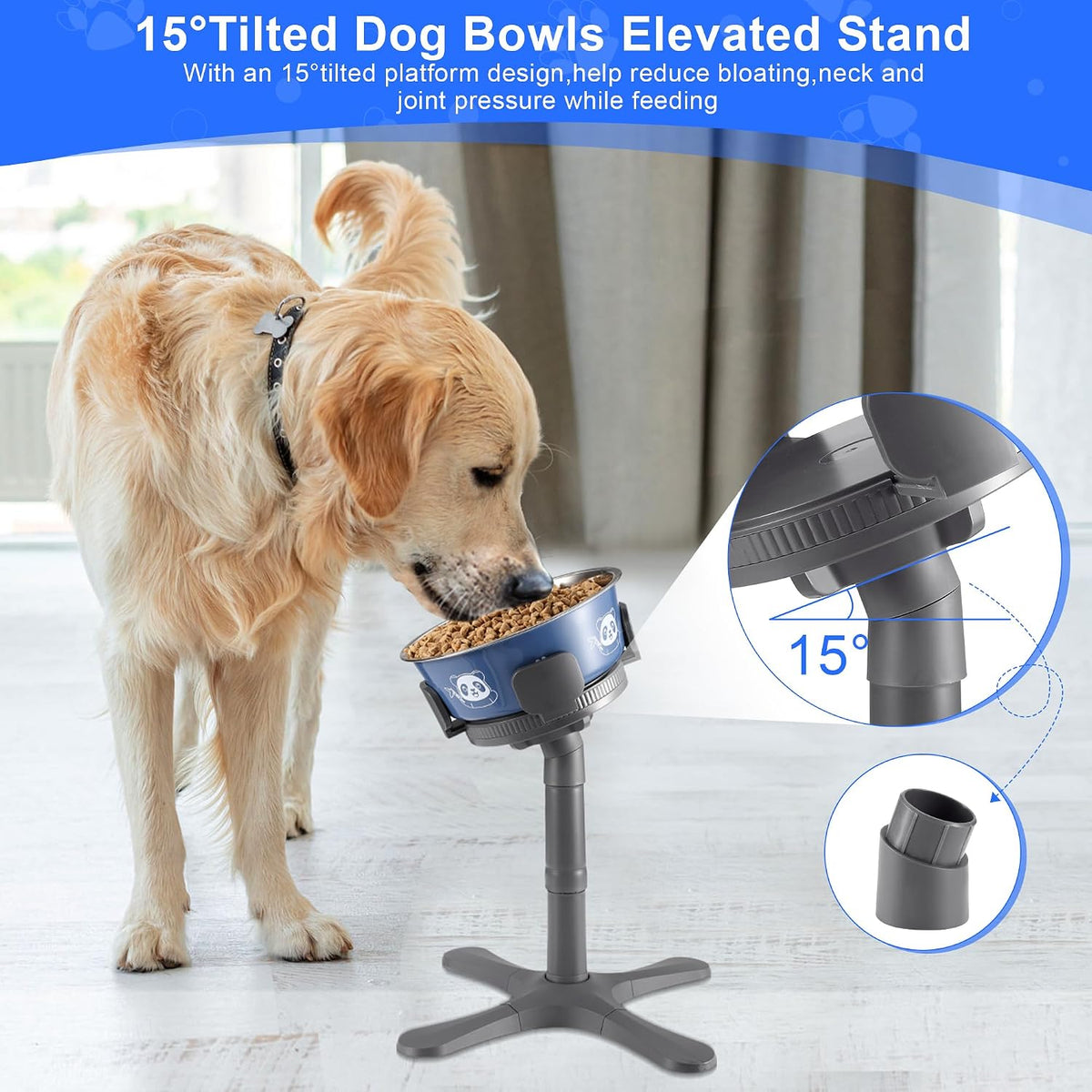 Dog Bowls Elevated Adjustable Stand,Tilted Raised Feeder for 5.5‑9.5in Bowl
