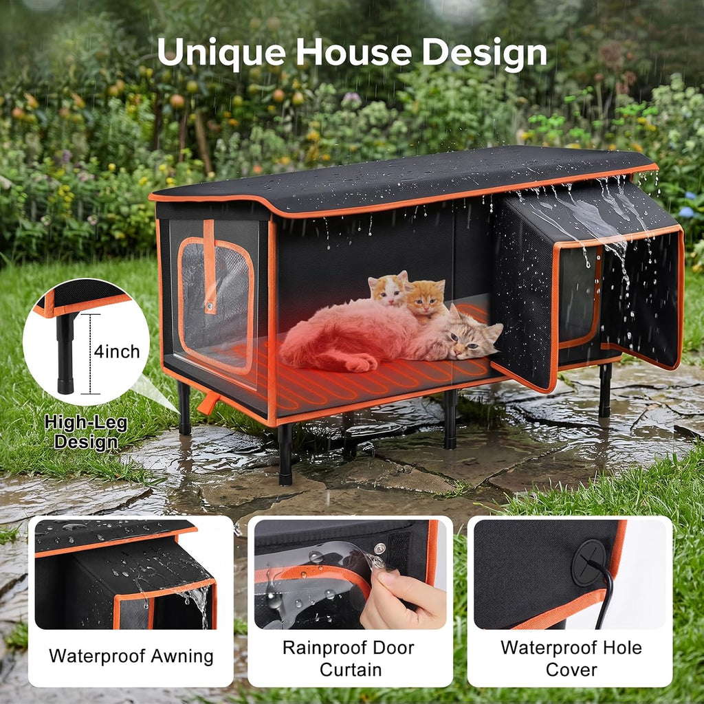 Heated Cat House for Outside in Winter, Weatherproof Outdoor Cat House with Cat Heating Pad, Waterproof &Safe Escape Door, Insulated Cat Shelter with Heater for Feral Barn Cats Kitty (Black, L)
