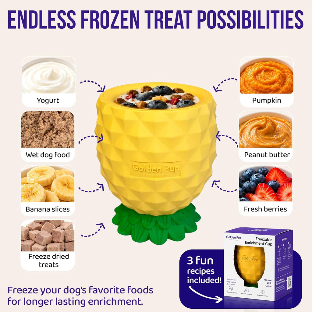 Pineapple Enrichment Cup for Dogs, Freezable Interactive Dog Toys to Keep Them Busy, Frozen Dog Treat Dispenser for Mental Stimulation, Popsicle Lick Bowl for Small, Medium, Large Dogs, Durable Rubber