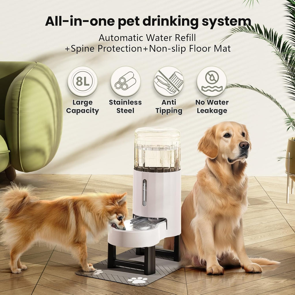 CZPET Gravity Dog Water Bowl Dispenser, Wider Mouth (8L+Stand+Mat, White)
