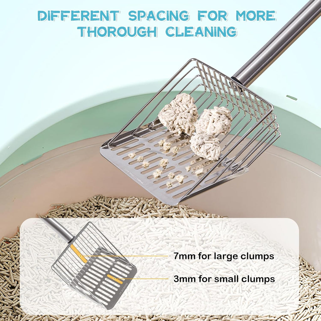 PETOCAT Metal Cat Litter Scoop with Holder Stainless Steel Kitten Poop Scooper, 17.5" Heavy Duty Pet Poop Sifter for Cat Box, Long Handle Large Waste Shovel, Fast Sifting Big Clumps, Solid & Durable