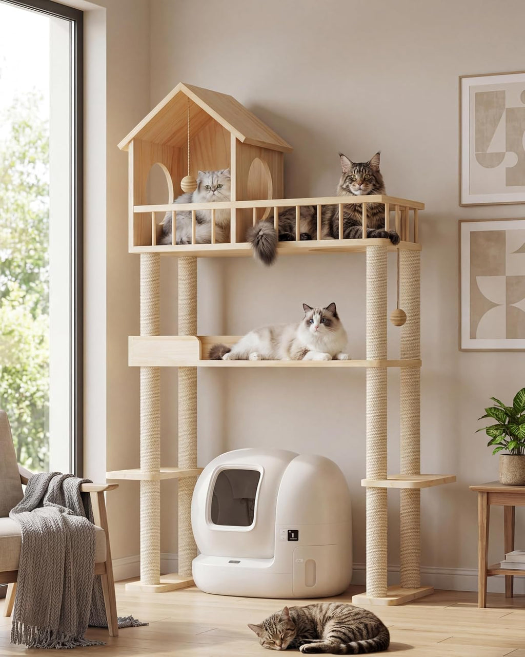 Wood Cat Tower for Automatic Litter Box, 60''H Cat Tree, 4 Tier