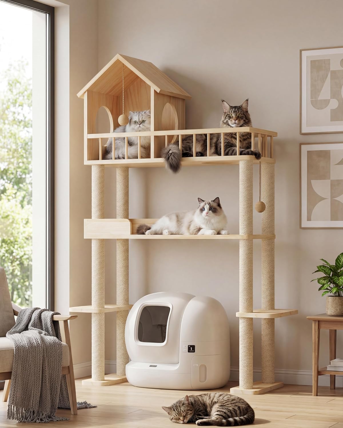 Wood Cat Tower for Automatic Litter Box, 60''H Cat Tree, 4 Tier