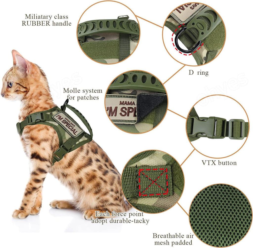Tactical Cat Harness for Walking Escape Proof, Soft Mesh Adjustable Pet Vest Harness for Large Cat,Small Dog (L, A-Green)
