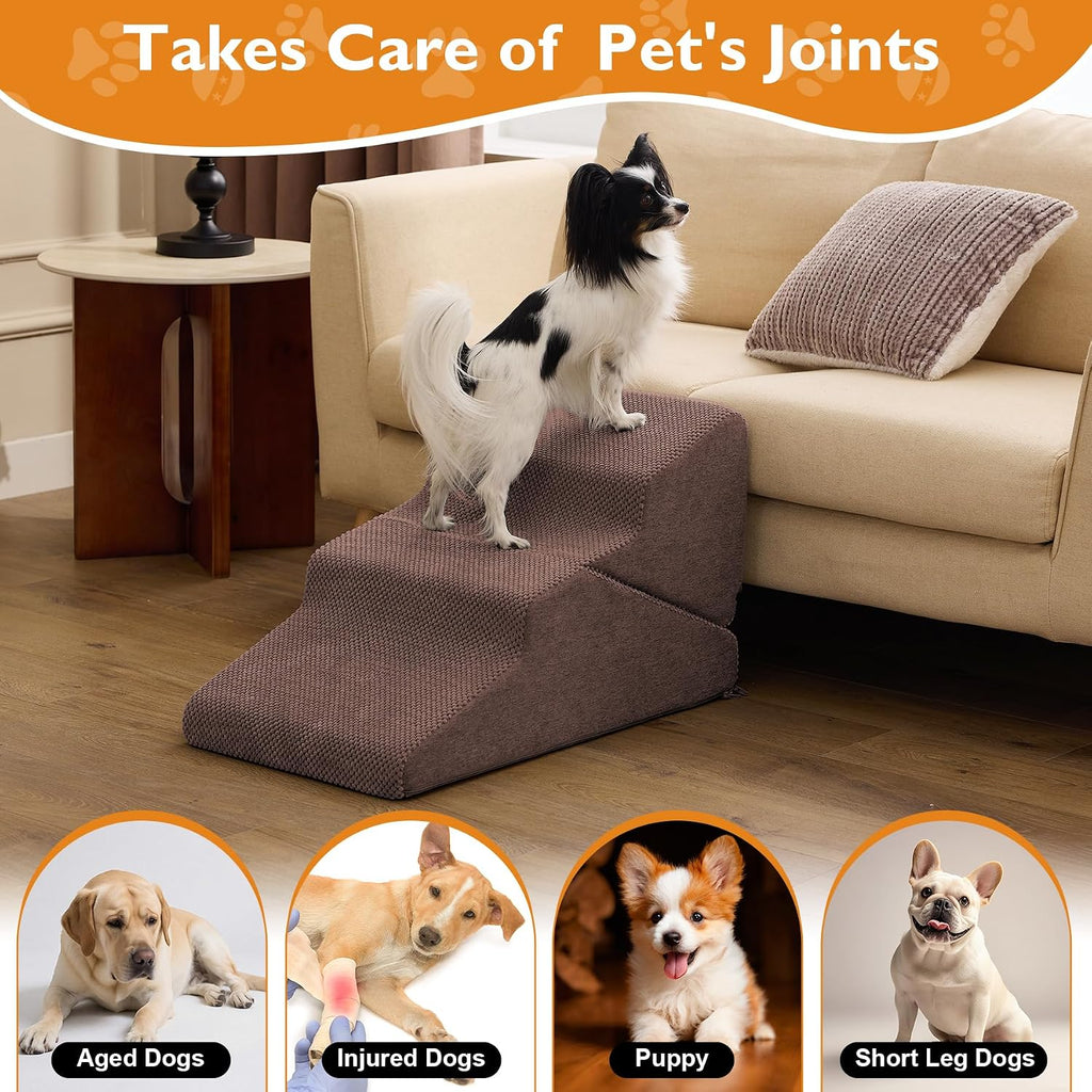Ahpmeoa Dog Stairs for Small Dogs 16’’ H, 3-Step Dog Steps for Bed, Brown