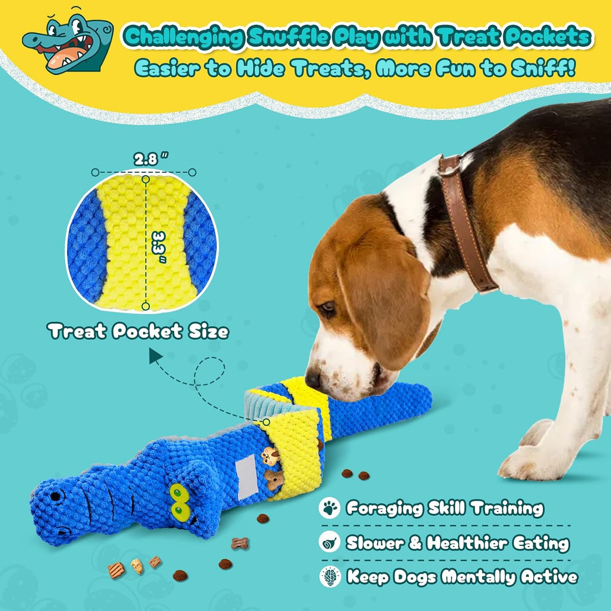 TOOPTATE Crocodile Squeaky Dog Toy | Dual-Opening Treat Pocket for Puzzle Play, Long Plush Body For Tugging, Suitable for Small, Medium, and Large Dogs