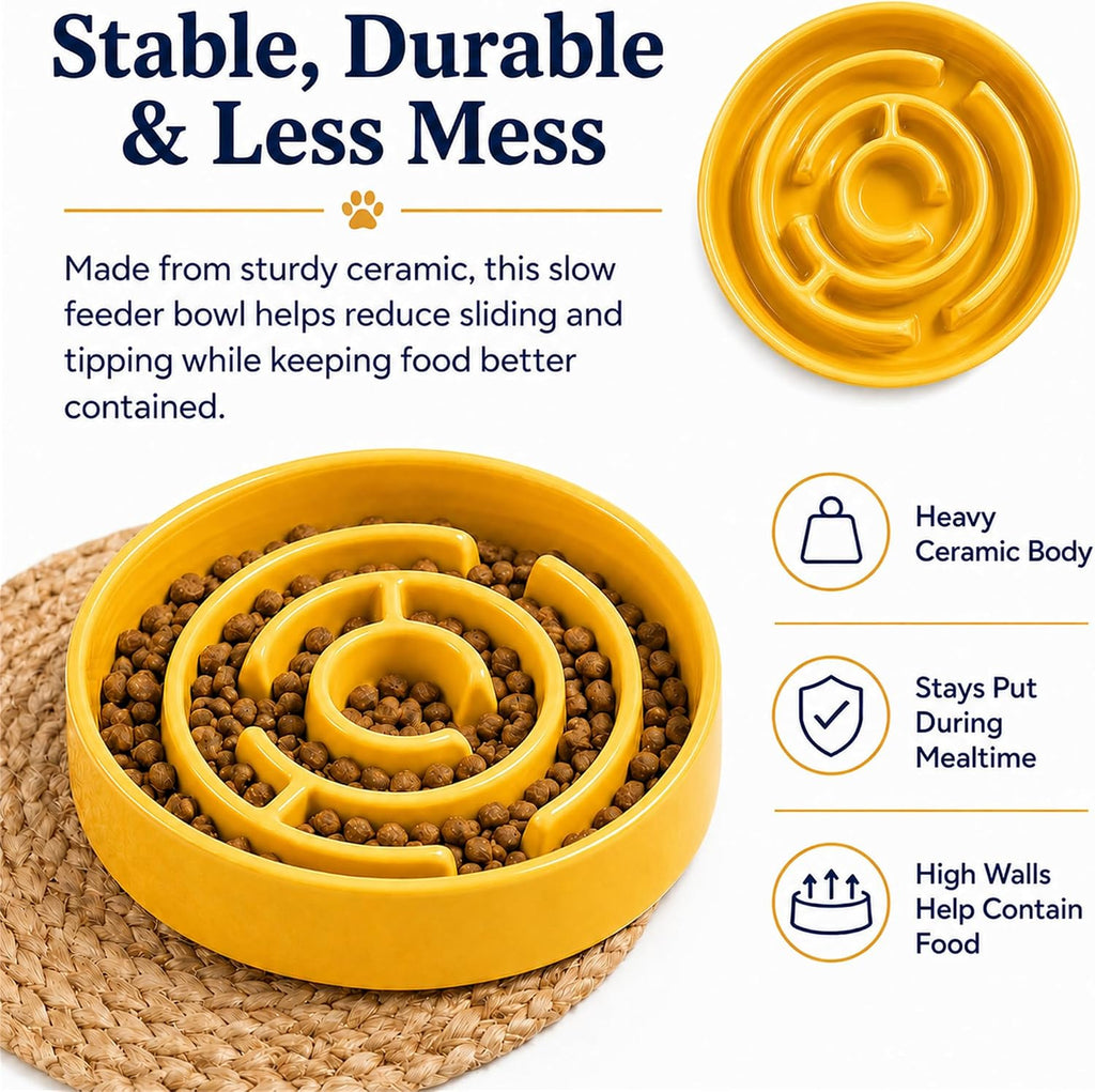 Ceramic Slow Feeder Dog Bowl, 1.5 Cup Puzzle Dish for Small Medium Dogs