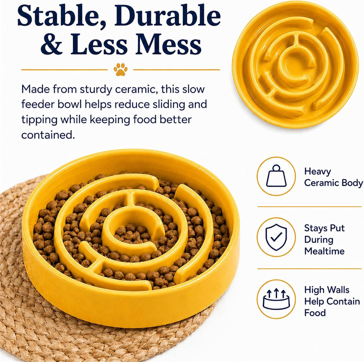 Ceramic Slow Feeder Dog Bowl, 1.5 Cup Puzzle Dish for Small Medium Dogs