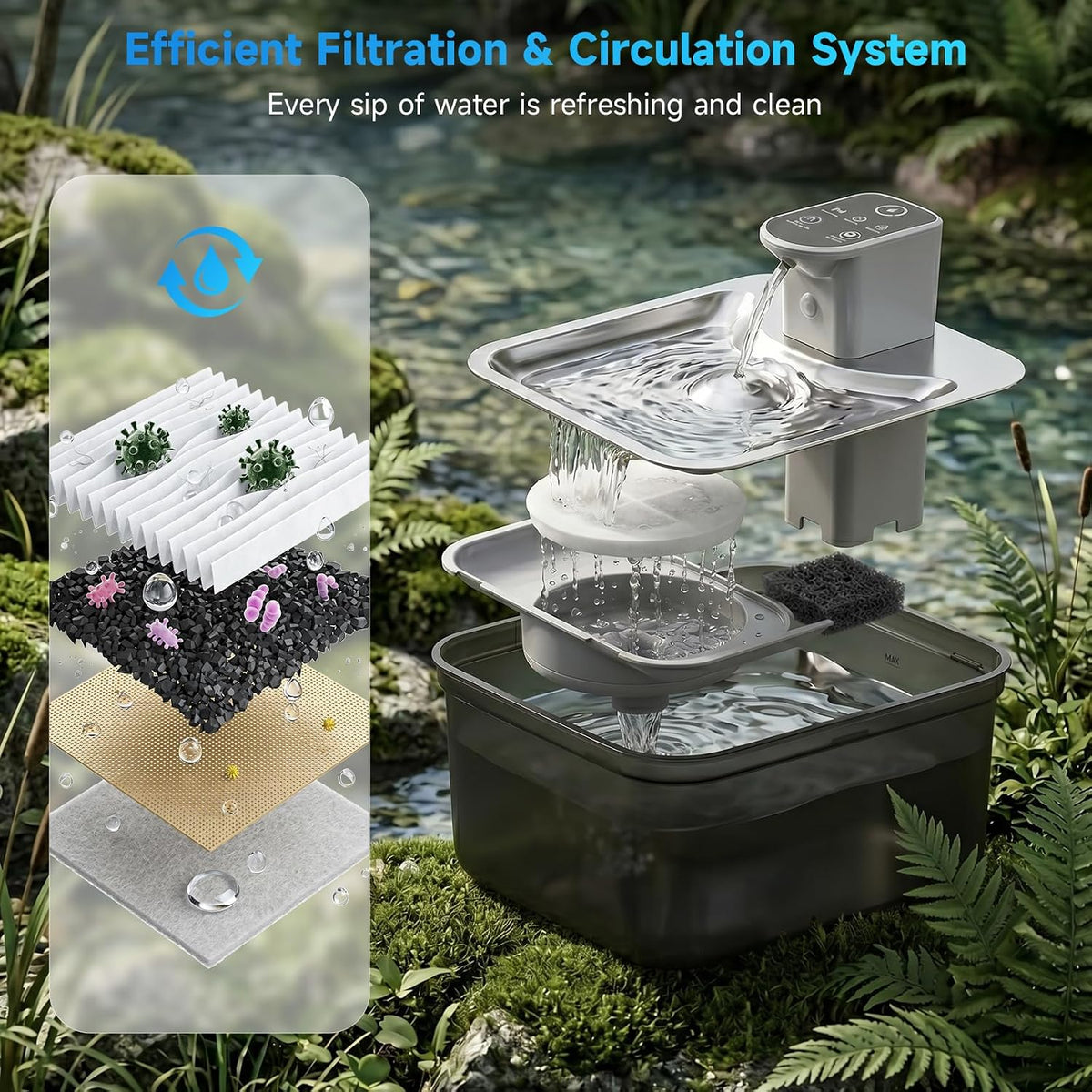 Cordless Battery Rechargeable Cat Water Fountain 3.5L Stainless Steel Tray