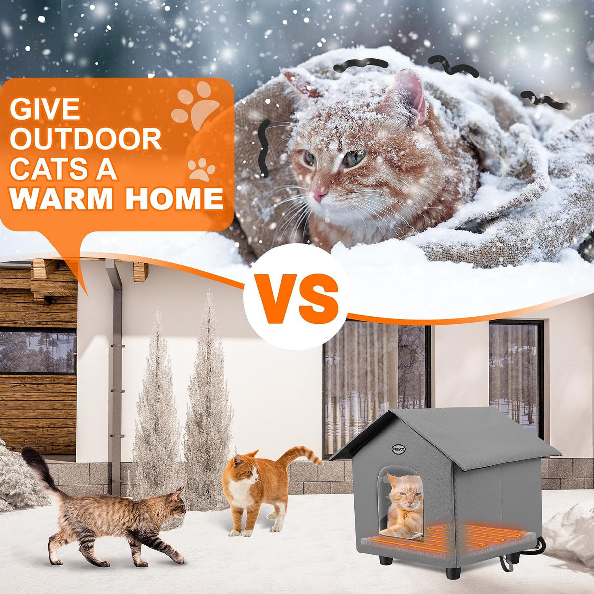 Dreyoo 1 Pack Heated Cat House Weatherproof, Dark Gray