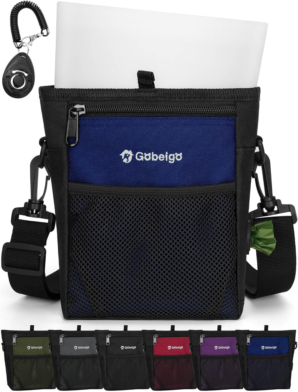 Gobeigo 4 Cup Dog Treat Pouch with Silicone Insert Bag& Clicker(Navy Blue)