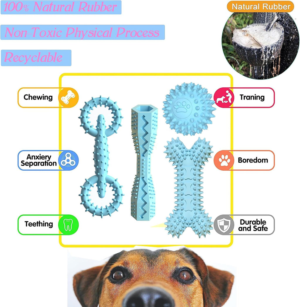 4-Pack Soft Rubber Puppy Teething Toys for 2-8 Months Puppies,Blue | Chew Toys for Small & Medium Dog,Durable Bone Ball Donut,Teeth cleaning,food dispensing,Keeps Them Busy, Dental Textured