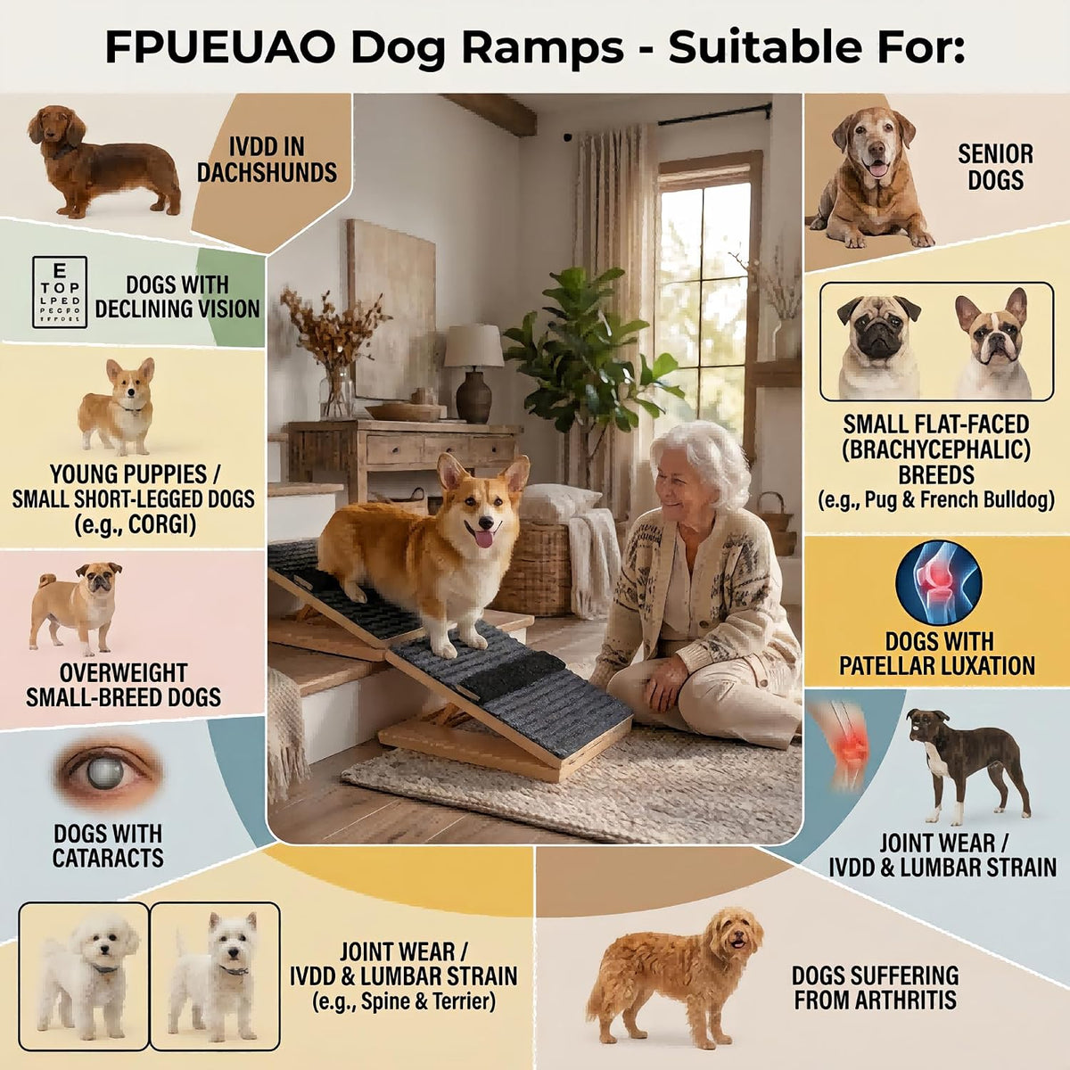 4 Pack Wooden Adjustable Dog Stairs Ramps, 3-Level Adjustable Triangular Pet Ramp, Indoor & Outdoor Portable Dog Steps with Anti-Slip Mat, Suitable for Dogs, Cats, Elderly and Injured Pets (4)