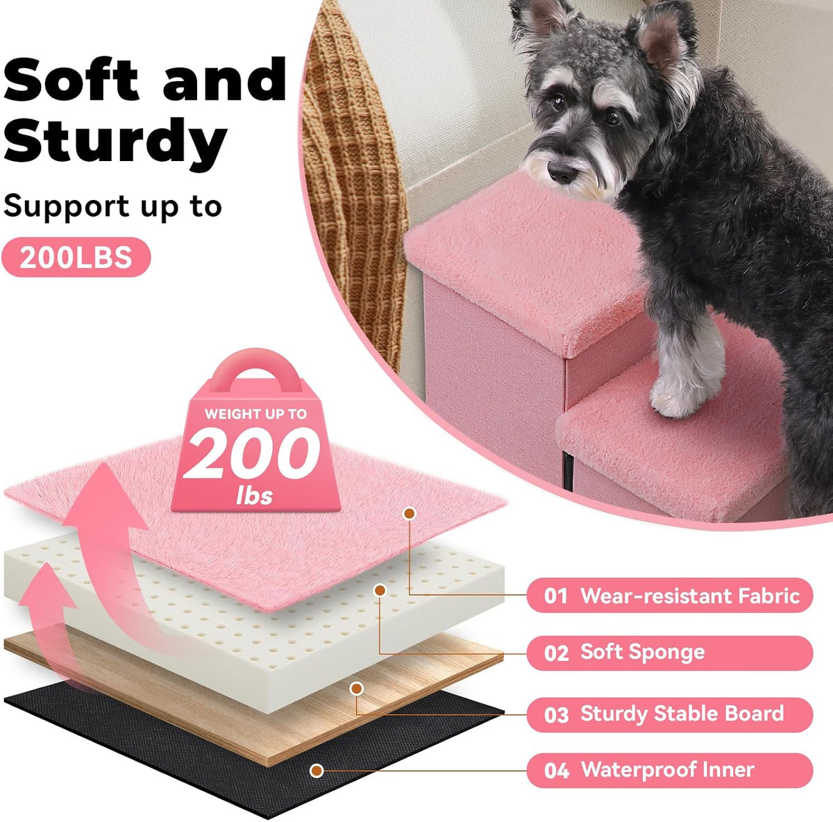 Zerbuger Dog Stairs with Storage, Pink Furry Lids 3 Steps Dog Ramp no Condo