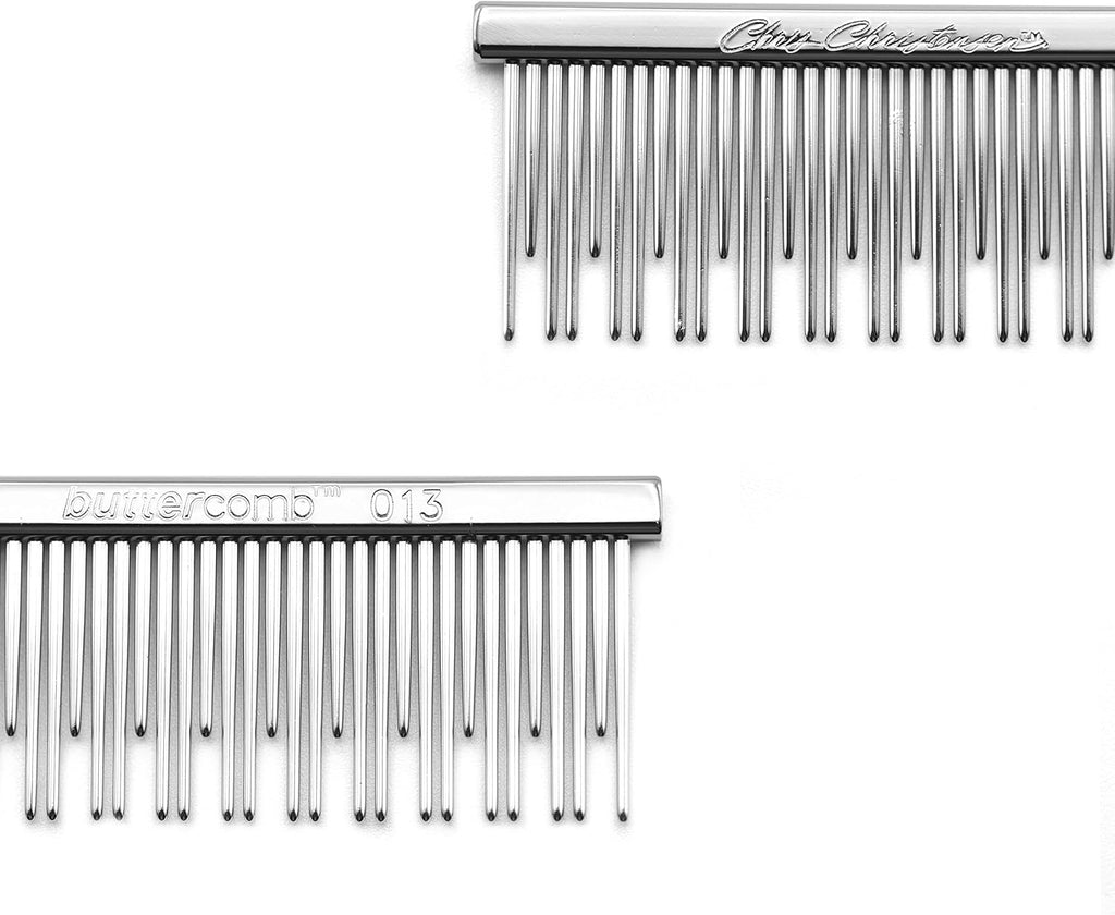 Chris Christensen 6in Cat/Carding Dual Tooth Butter Comb, Groom Like a Professional, Rounded Corners Prevent Friction and Breakage, Solid Brass Spin with Steel Teeth, Chrome Finish 