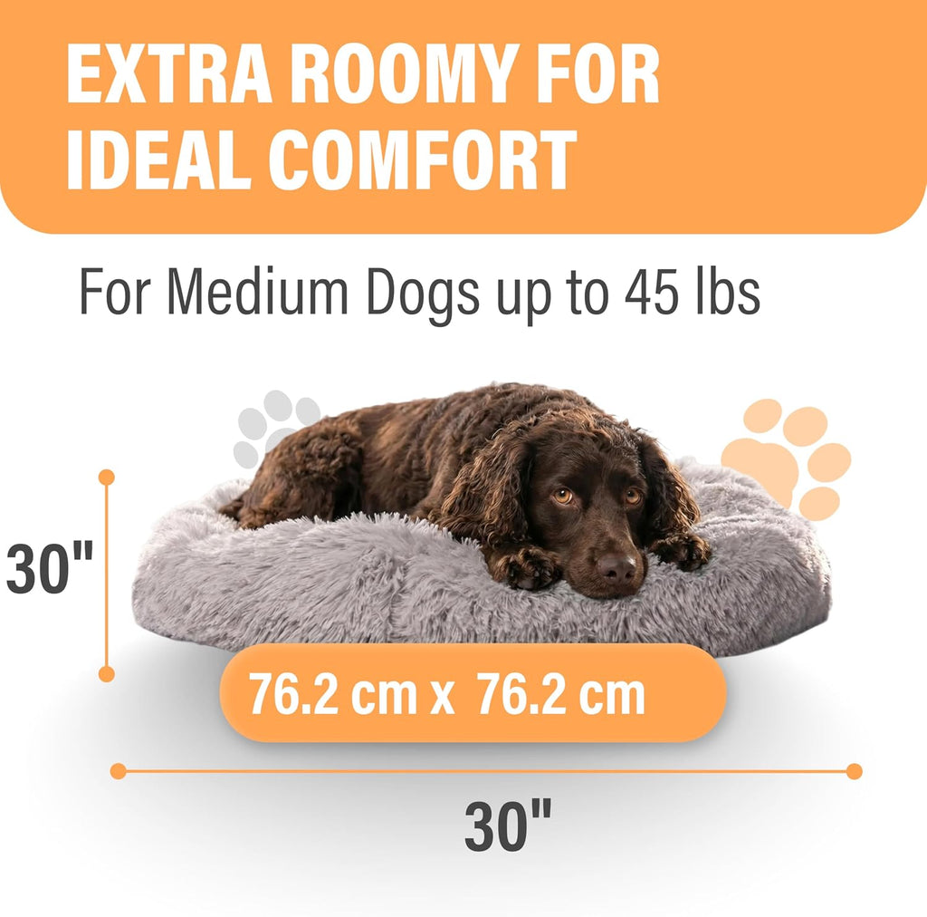 Active Pets Premium Medium Donut Dog Bed, Fits Up to 45 lbs, Machine Washable Cushion, Plush Long Pile Faux Fur Fabric, Portable Light Gray Pet Bed Furniture for Puppies Adult Canines & Cats