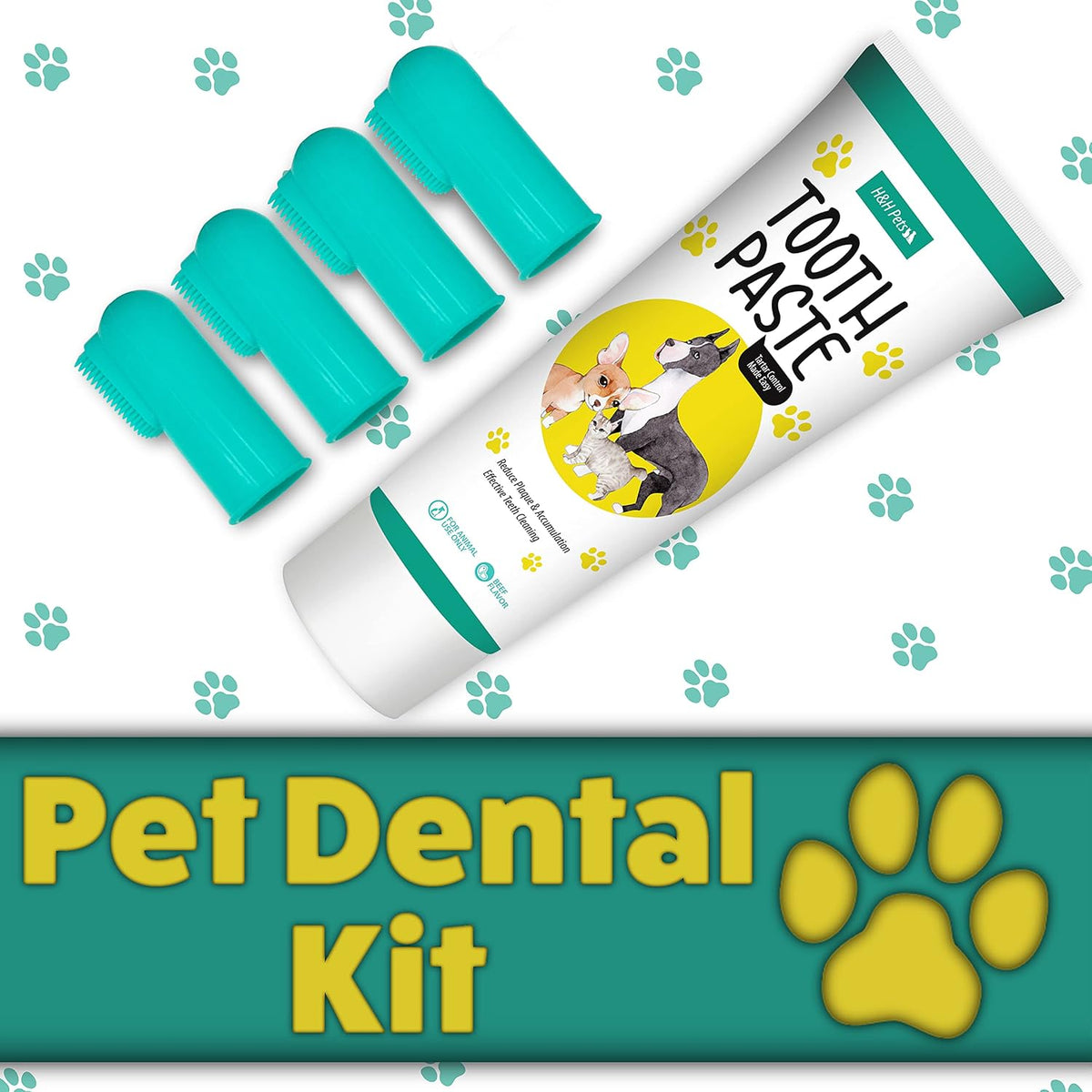 H&H Pets Dog Toothbrushes and Toothpaste Best Professional Cats & Dogs Finger Dental Brush, Dog Brush Set, Perfect for Dogs and Cats, Dog Supplies - Size Small 4 Count 3.5 Oz Toothpaste (100g) 