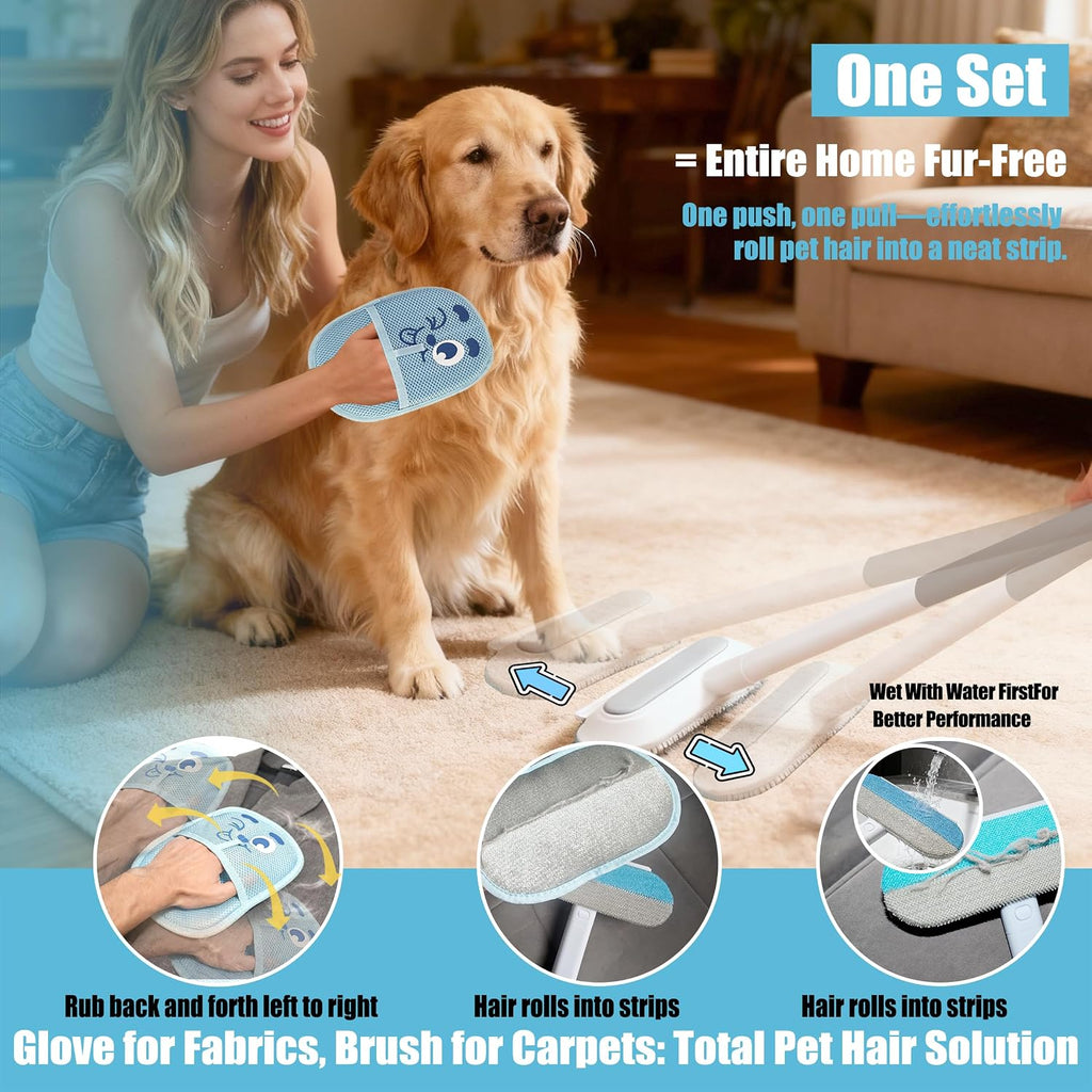 Magic Pet Hair Remover Brush Set for Dogs & Cats, 4-in-1 Hair Removal Tool, Hair Glove, Metal Hook for Furniture, Couch & Car Seats