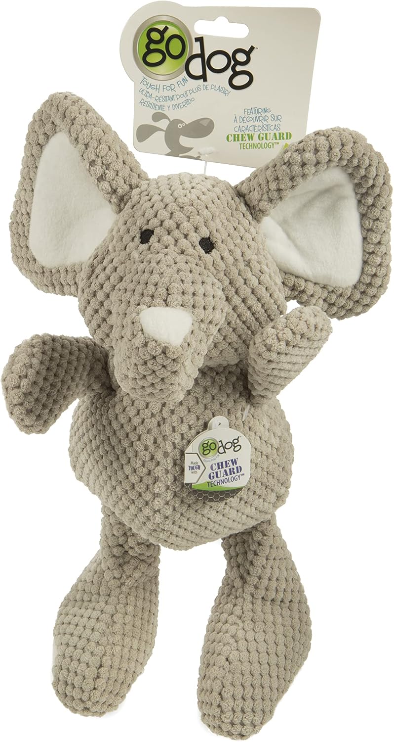 goDog Checkers Elephant Tough Plush Toy with Chew Guard Technology, Durable Checkered Fabric & Squeaker for Active Play, Gray, Large (Pack of 6)