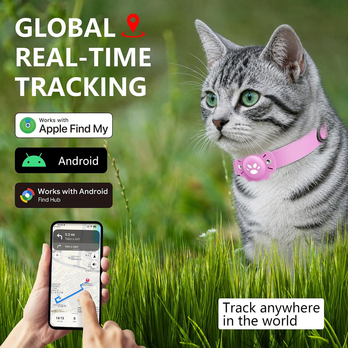 2-in-1 GPS Tracker for Cats: Smart Pet Collar with Real-Time Tracking,No Monthly Fee/Subscription (iOS & Android) Waterproof, Anti-Lost,365-Day Long Battery Life GPS Tracker Cat Collar (Pink)