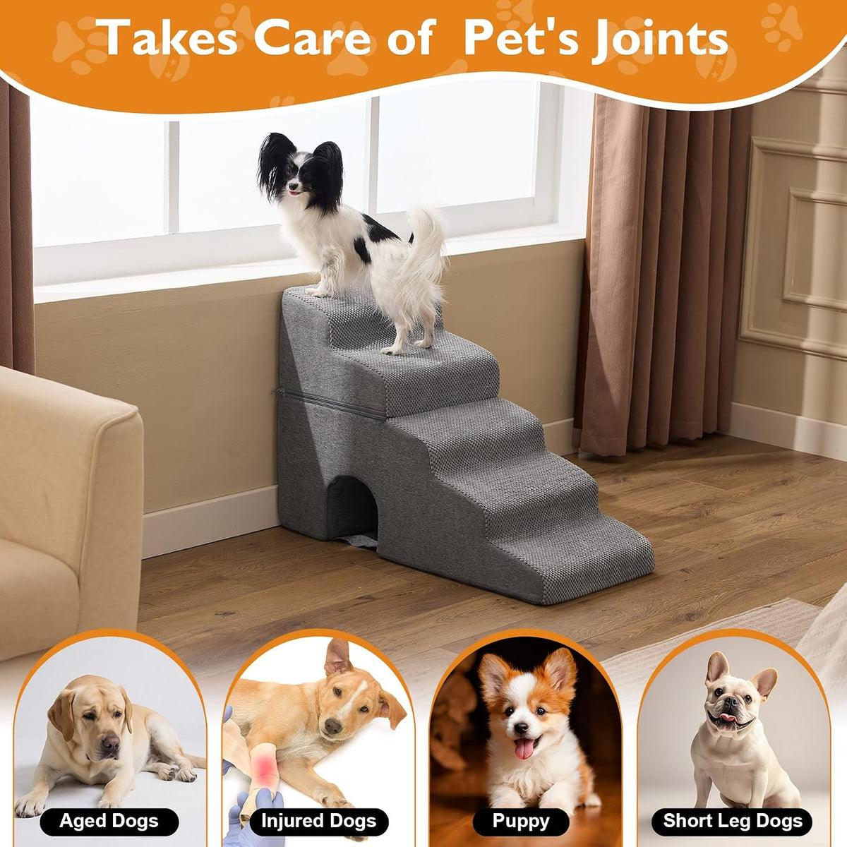 Ahpmeoa Dog Stairs for Bed 23'' H, 5-Step Dog Steps for High Bed, Grey