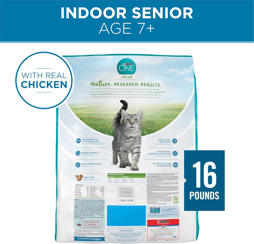Purina ONE Indoor Advantage Senior Dry Cat Food, High Protein, 16 lb Bag