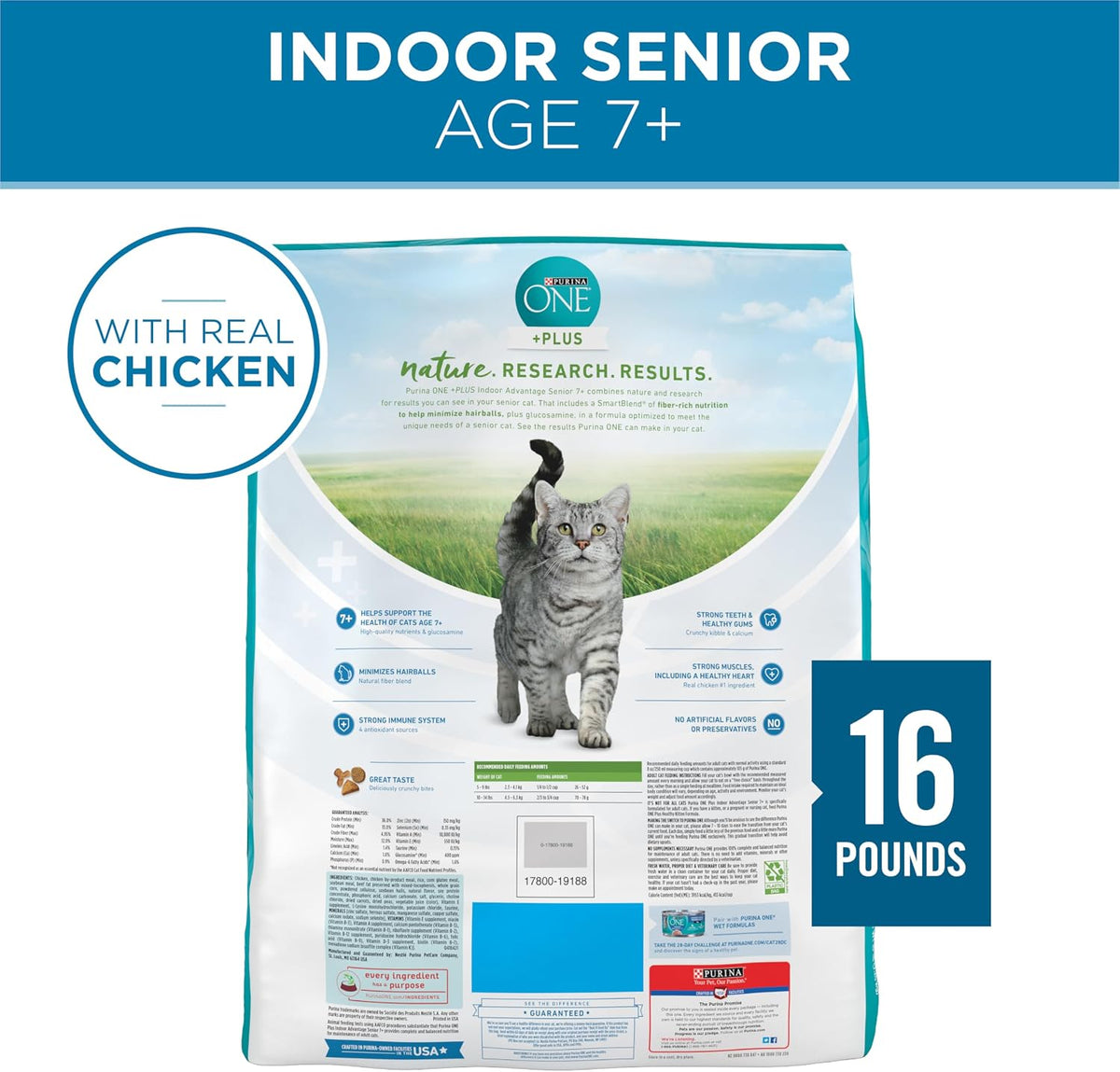 Purina ONE Indoor Advantage Senior Dry Cat Food, High Protein, 16 lb Bag