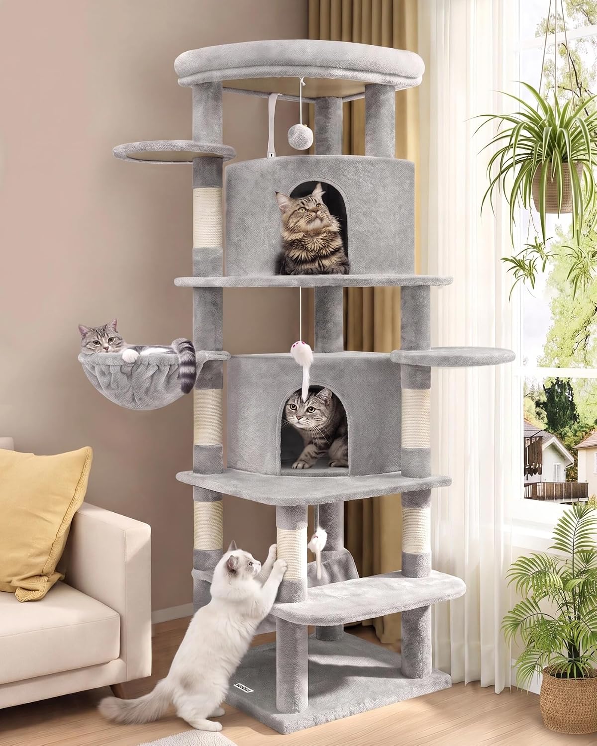 Globlazer 66in Corner Cat Tree Tower for Indoor Large Cat, C66, Light Grey