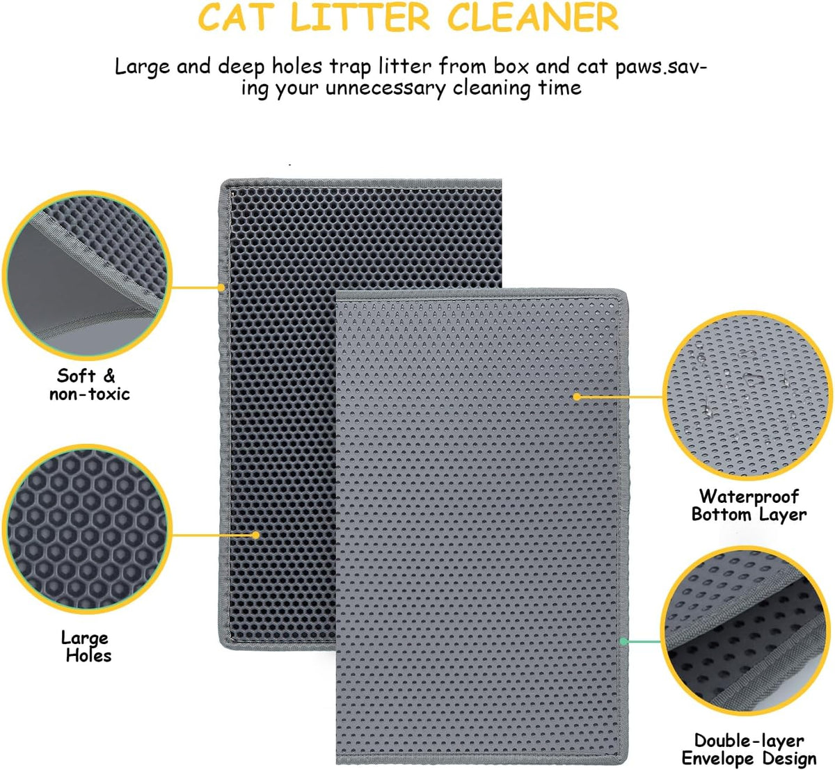 Cat Litter Mats (2-Pack) 24" x 15", Litter Box Mats with Double Layers, Urine-Proof and Non-Slip Litter Trapping Mats, Easy Clean Leakproof , Soft EVA Durable Anti-Scratch Kitty Litter Mat, Grey