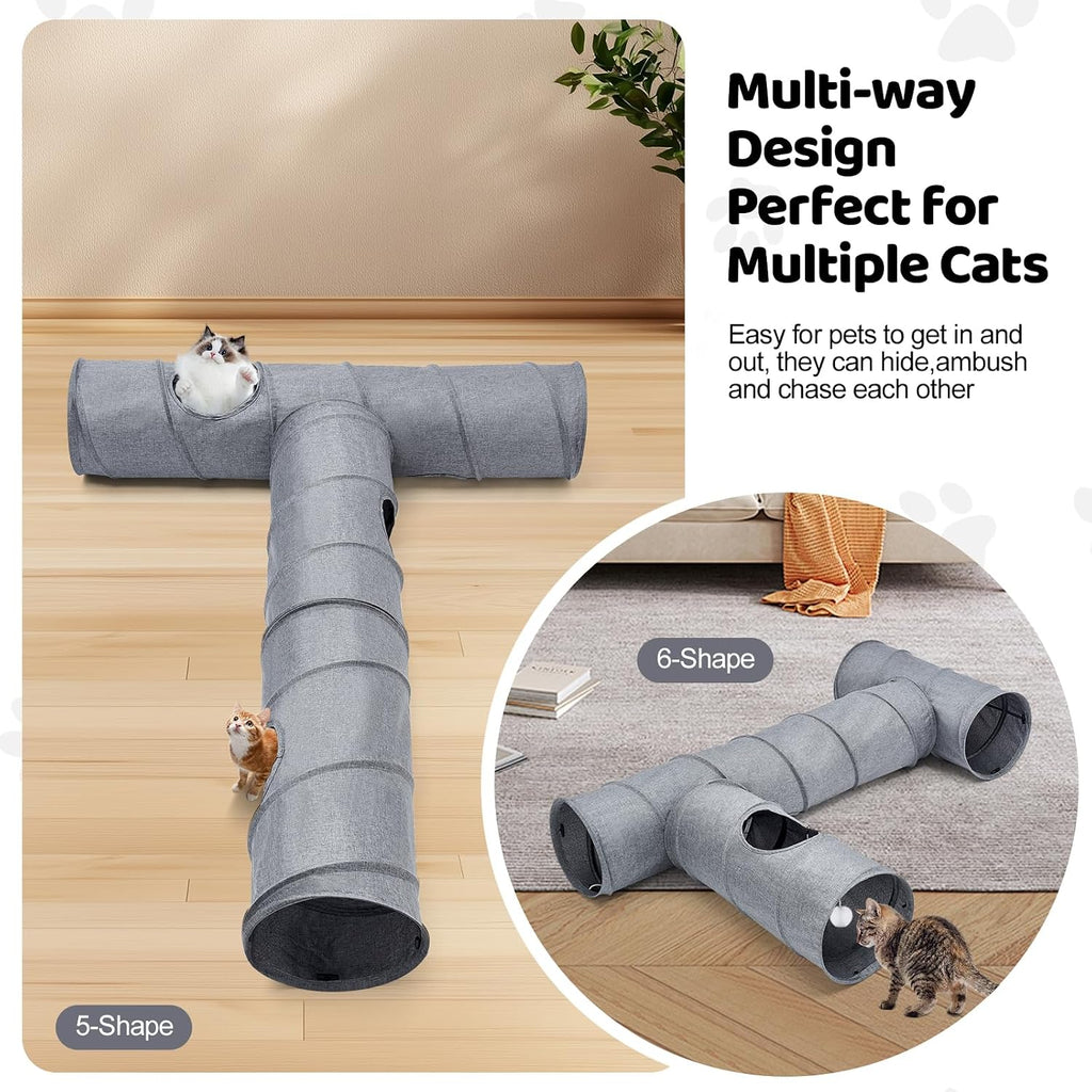 Cat Tunnel, 3 Straight Shaped Tunnels 6 DIY Shapes with Wand Toys, No Noise Scratch Resistant Cool Linen Fabric, Interactive Pet Tunnel Tube for Indoor Cats, Puppy and Rabbits