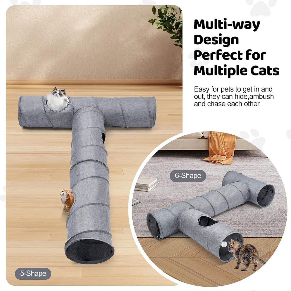Cat Tunnel, 3 Straight Shaped Tunnels 6 DIY Shapes with Wand Toys, No Noise Scratch Resistant Cool Linen Fabric, Interactive Pet Tunnel Tube for Indoor Cats, Puppy and Rabbits