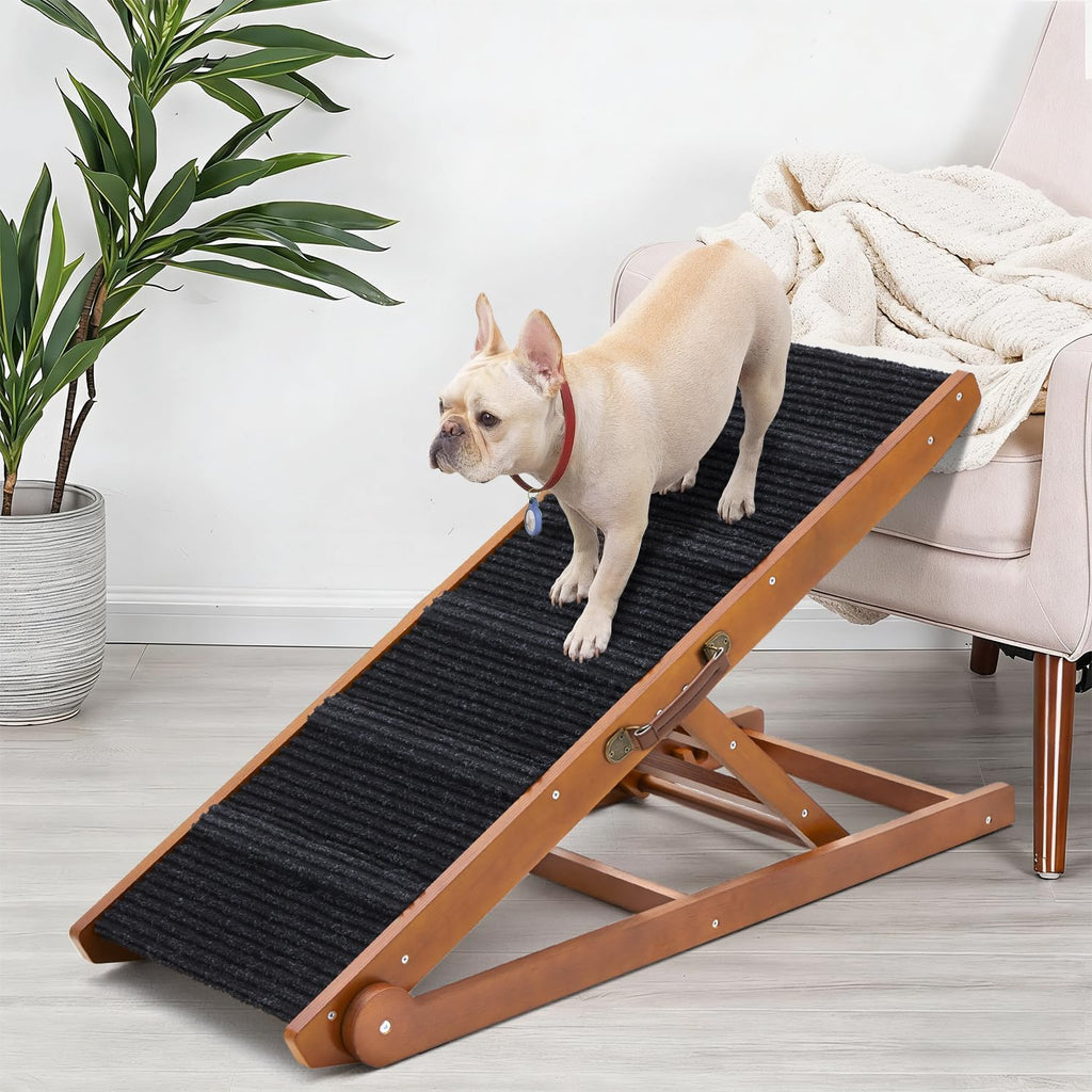 Dog Ramp for Bed - Foldable Small to Large Dog Ramp for Couch - 6 Adjustable Height from 12" to 24" - Stairs with High Traction Mat - Wooden Ramp for Dogs to Get on Bed Couch Car Up to 200LBS（Walnut）