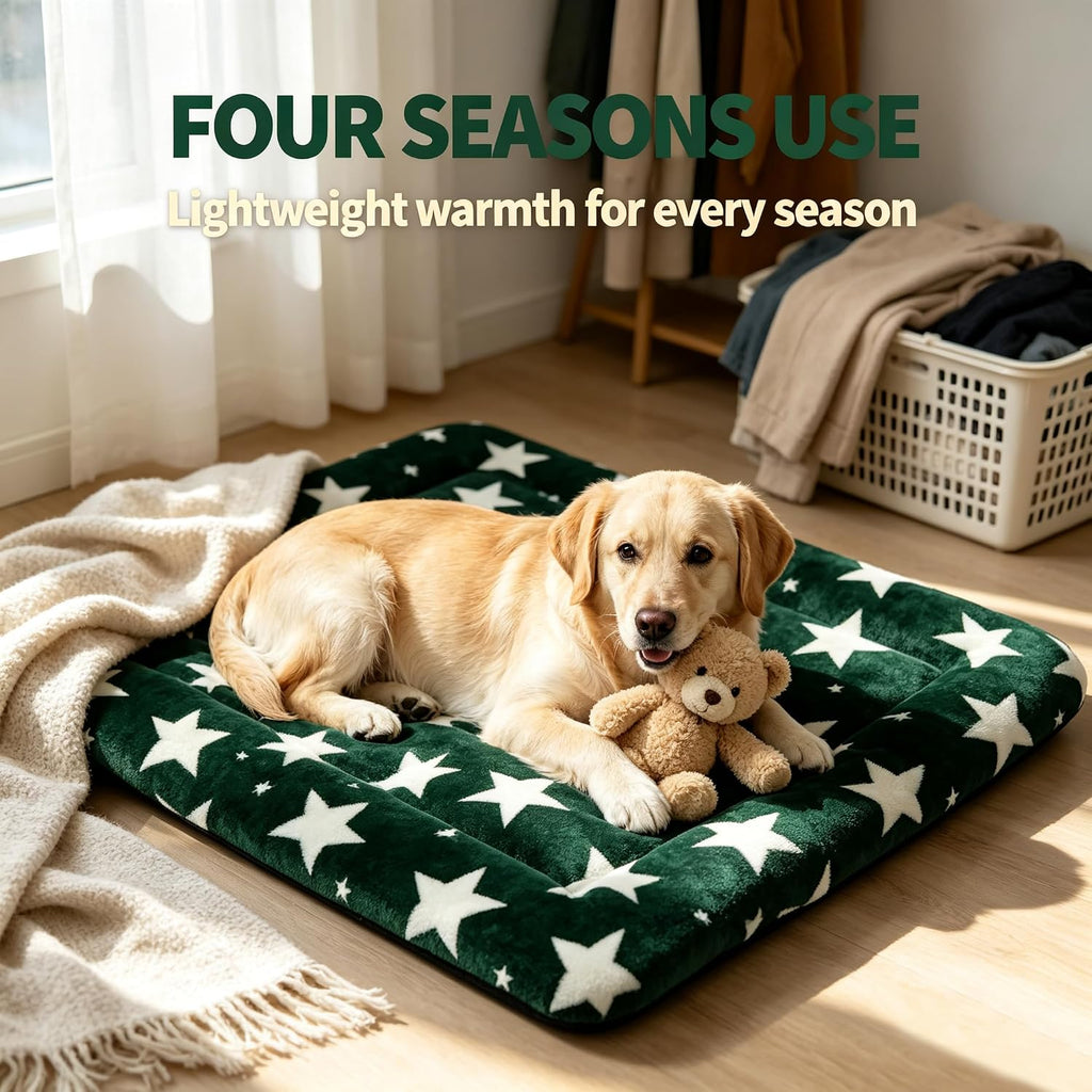 Dog Bed Mat – Soft & Comfortable Dog Kennel Pad for Crate – Durable Crate Bed & Mat for Dogs & Cats – Ideal for Crate, Kennel, and Home Use (Big&Little Stars Green, L(35"*23"*1.5"))