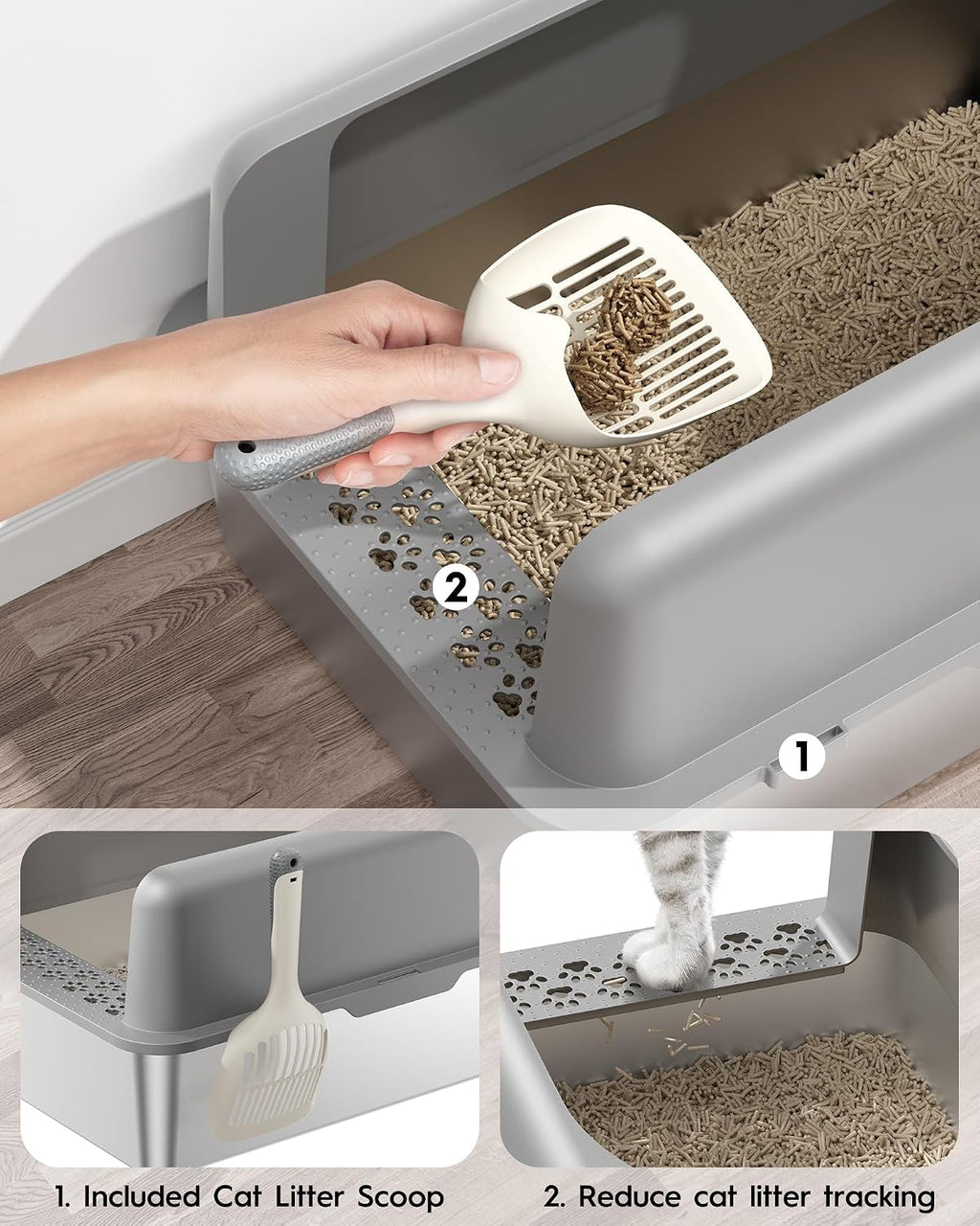 Stainless Steel Cat Litter Box, Extra Large High Sided Litter Boxs for Big Cats, XL Metal Litter Box with Lid, Non Stick, No Smell, Easy to Clean, Included Scoop