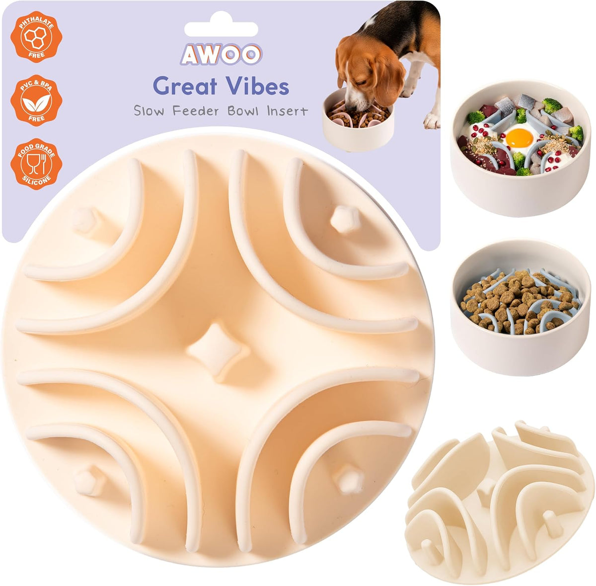 Great Vibes - Silicone Slow Feeder Insert for 6 Inch+ Dog Bowl (Almond)