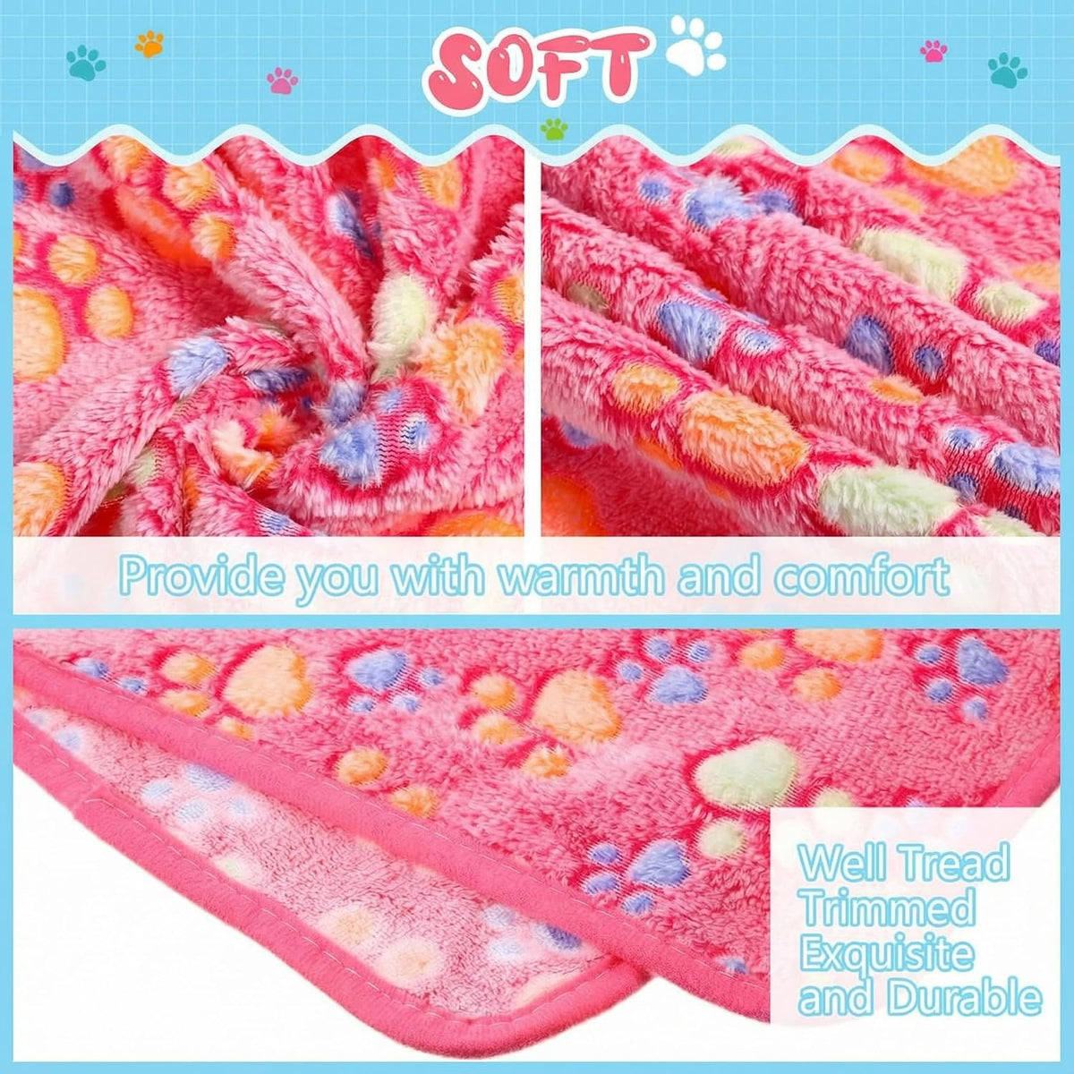 Tatuo 4 Pcs Fleece Dog Blankets for Puppy Cat, Pink, 24 x 16 in, Paw