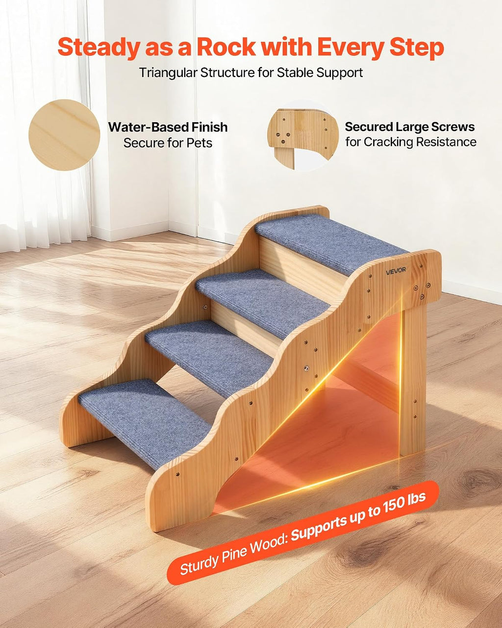 VEVOR Wood Pet Stairs, 4-Step Dog Stairs for High Beds, Sofa & Cars, 150lbs Load Capacity, Non-Slip Surface, Stable Cat & Dog Step Ladder for Small Medium Large Older Pet Puppy Essentials